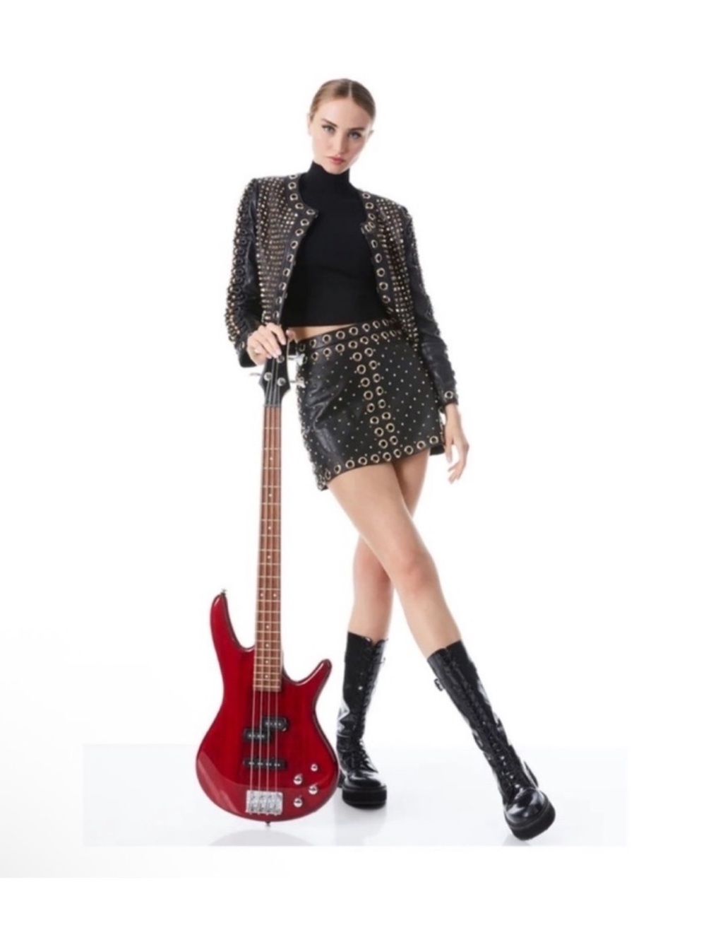 New! ALICE + OLIVIA Embellished Studded Lamb Leather Mini Skirt in Black - Picture 6 of 9